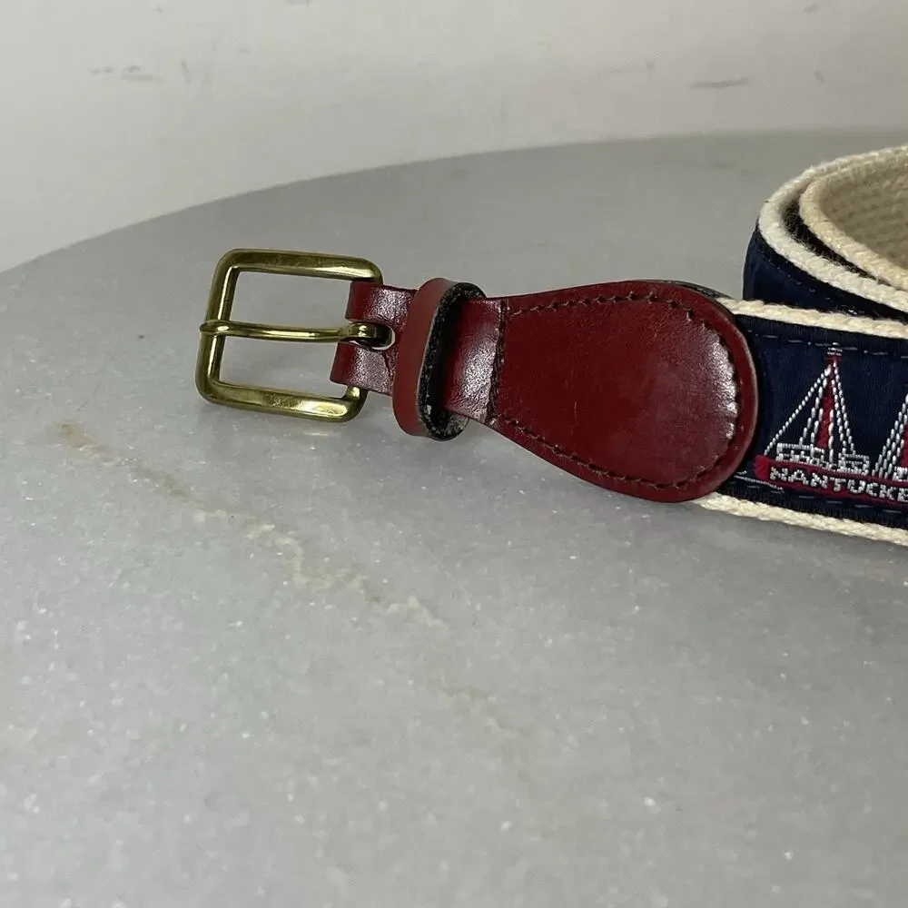 Vintage NANTUCKET Sailboat Belt Brass Buckle Sz 42 Preppy Old Money Caps Cod
